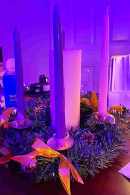 Advent Wreath with Center White 3''x 9'' Bees Wax Candle