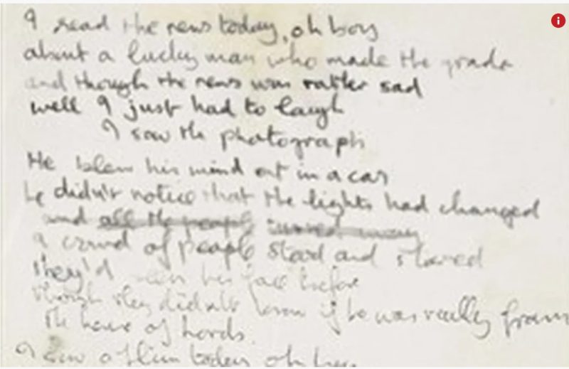 John Lennon first draft handwritten lyrics A Day In The Life