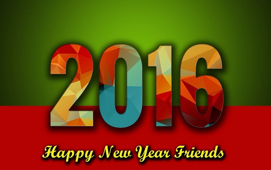 Happy New Year 2016 picture showing multi-colored letters on green and red background