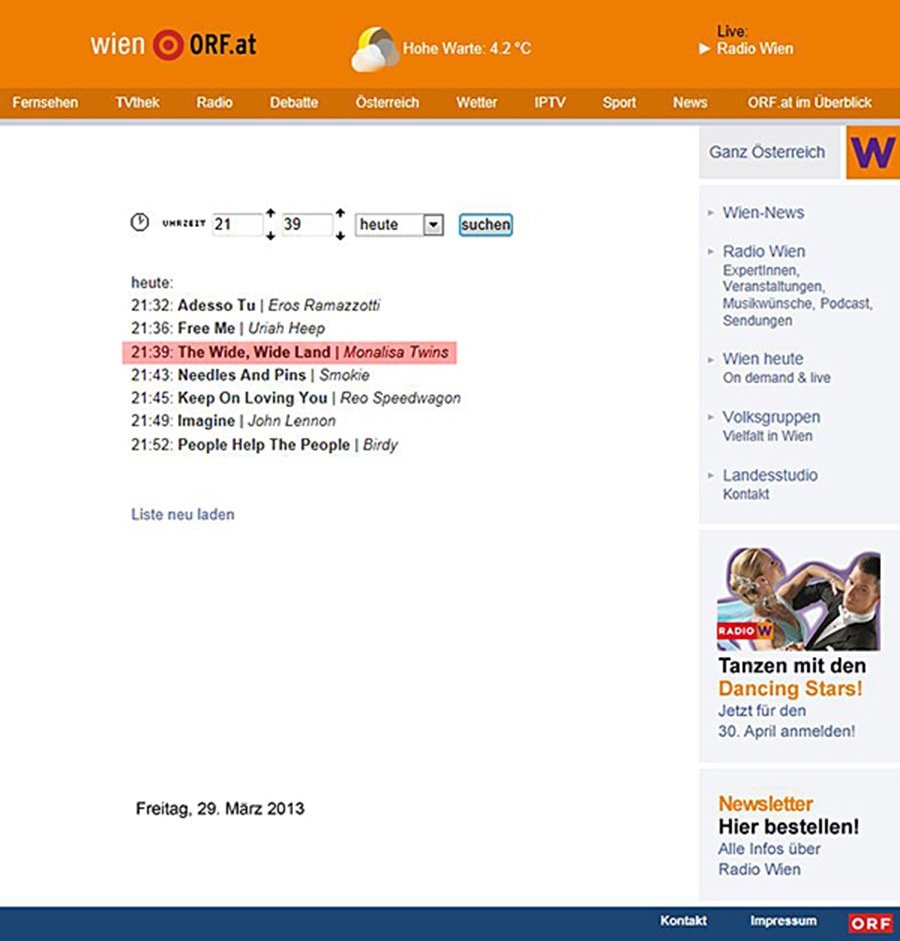 A screenshot of "The Wide, Wide Land" being played on Austrian Radio Wien